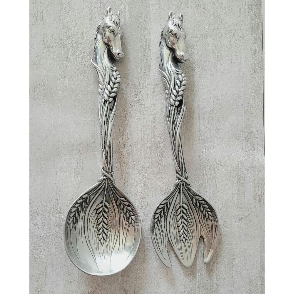Vintage Equestrian Figural Horse Head Salad Servers Fork Spoon Arthur Court 1999
